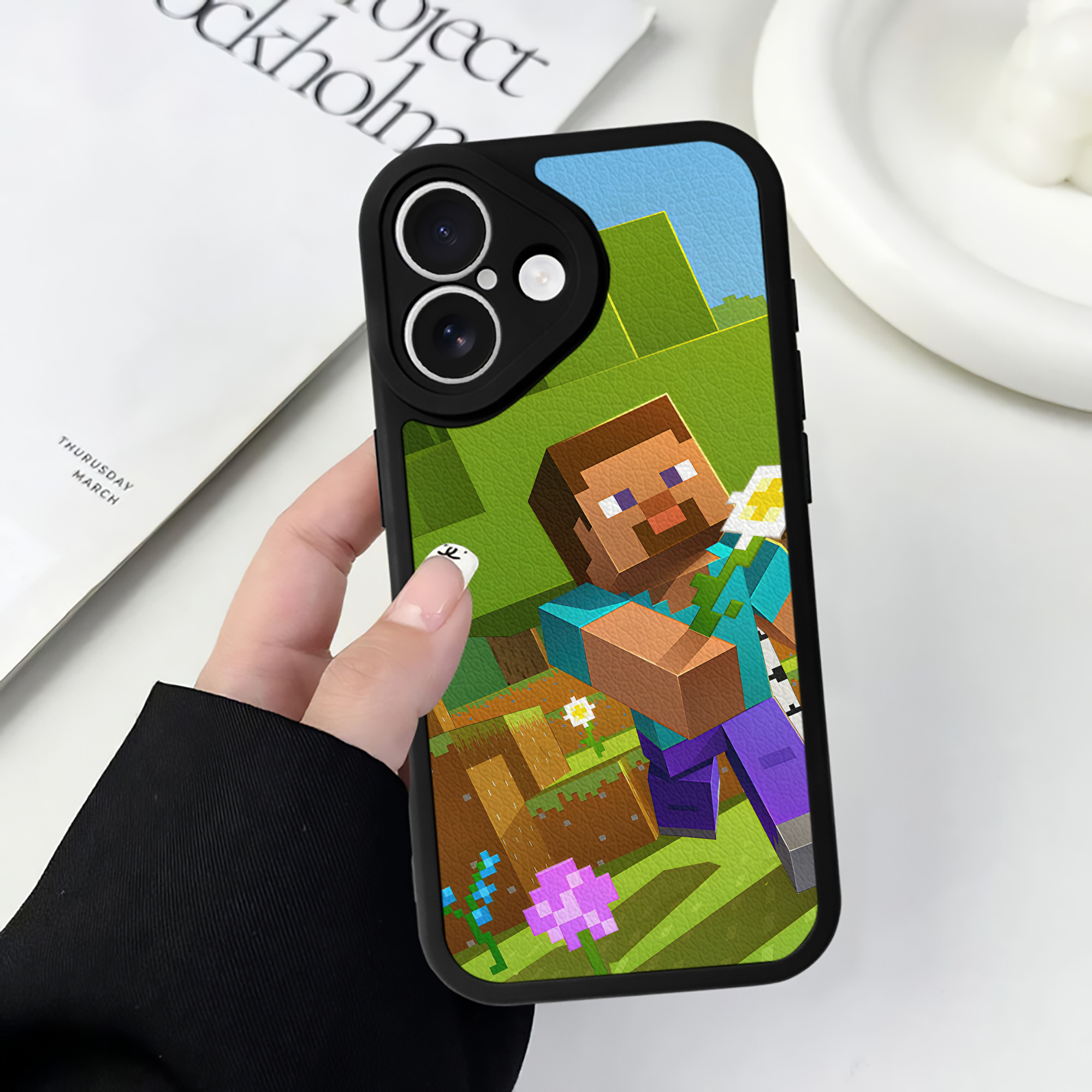 （画像用） マインクラフト ブロックの世界 Minecraft MC Block world 【iPhone 16シリーズ対応】シリコンスマホケース（レザー調） 材質：シリコン